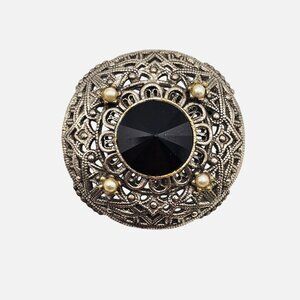 VTG Brooch Tacoa Signed Cabochon Black Rhinestone SilverTone Filigree